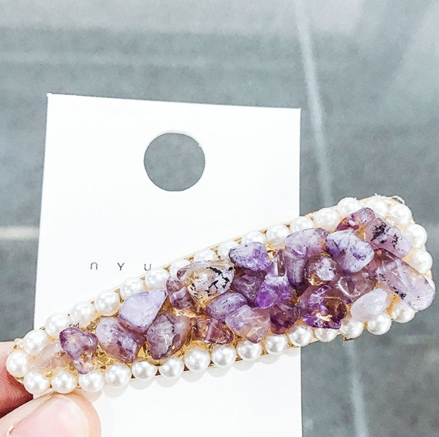 Crystal Stone Hairpin with Pearls – Elegant Gemstone Hair Clip
