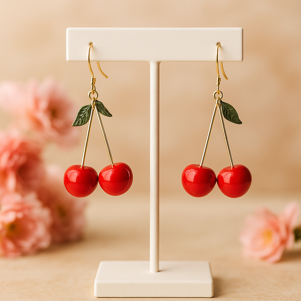 Cherry dangle earrings with red fruit charms and gold stems on earring stand – Petal & Pine