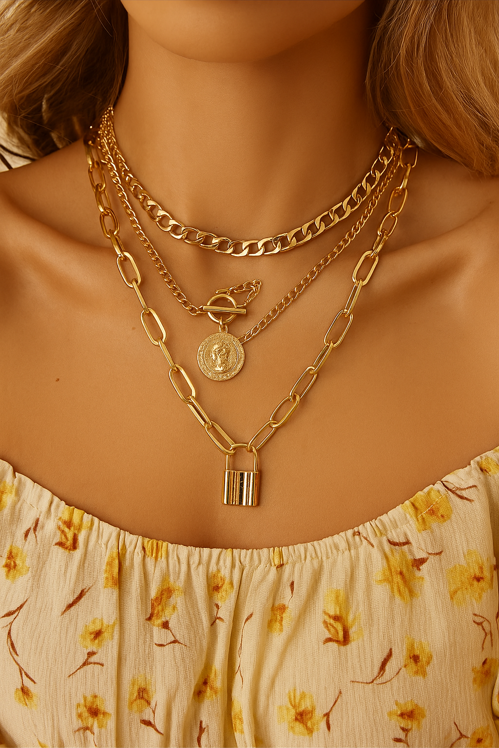 Close-up of a person wearing multiple gold necklaces with a floral dress.