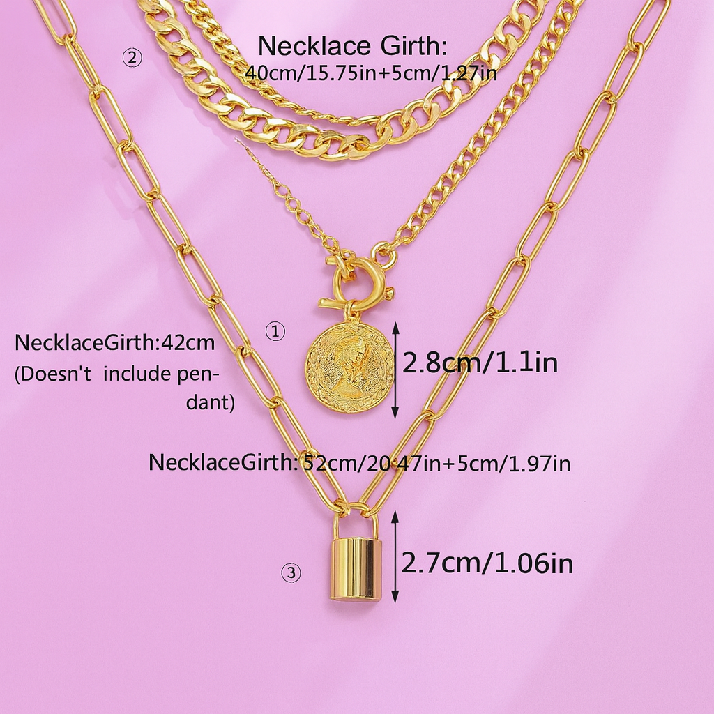 Gold necklaces with measurements on a pink background