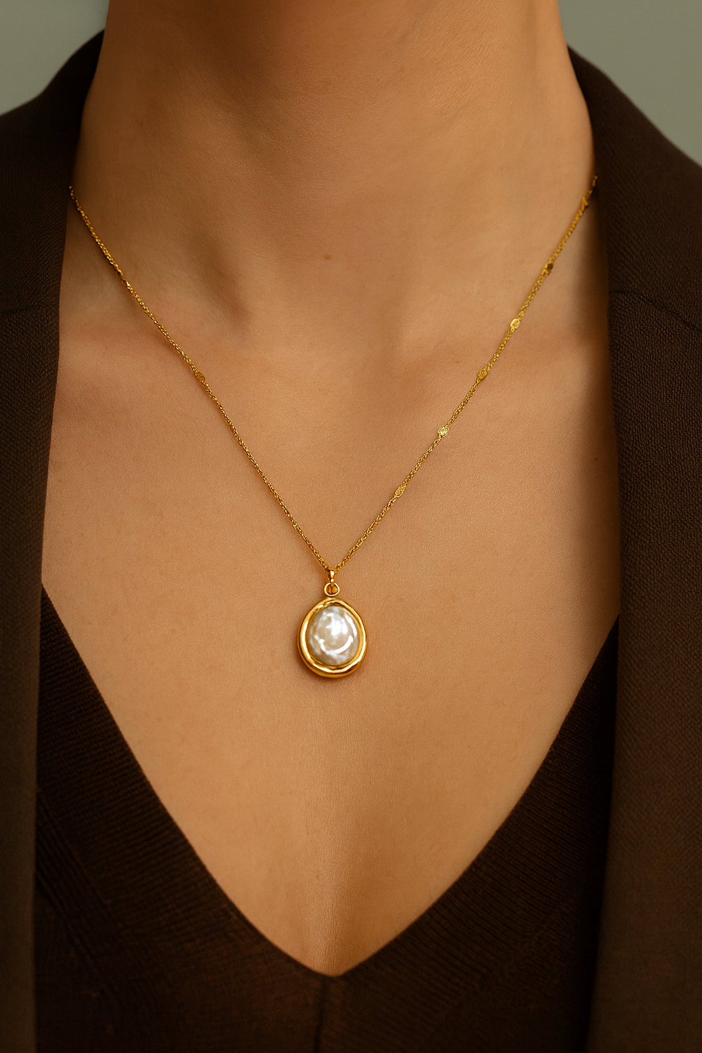 Gold necklace with a pendant on a person wearing a brown garment.