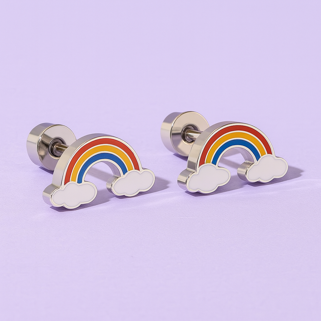 Rainbow and cloud earrings on a light purple background