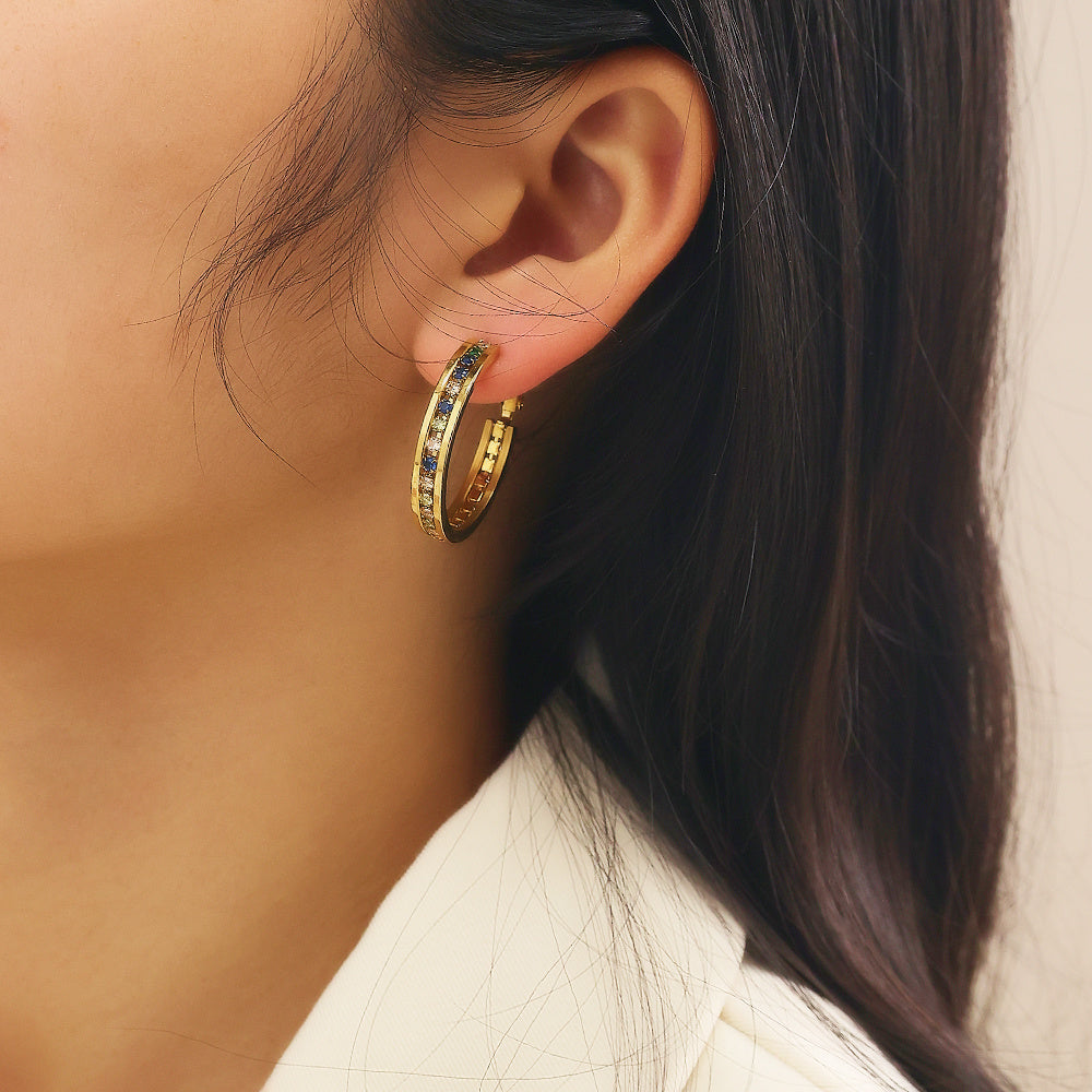 Model wearing Spectrum Hoop Earrings – anti-tarnish colorful crystal jewelry