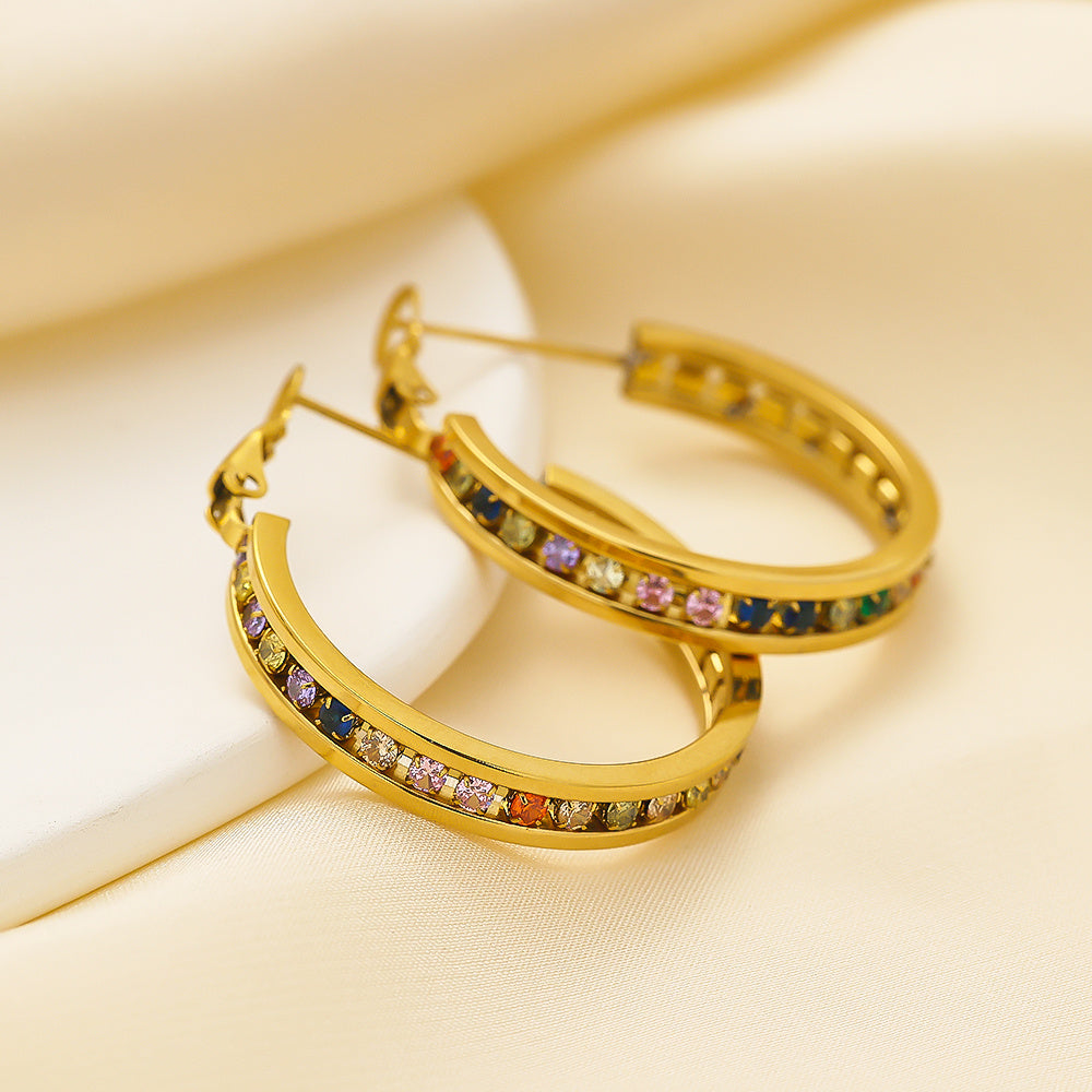Spectrum Hoops – gold-plated stainless steel hoop earrings with multicolored crystals