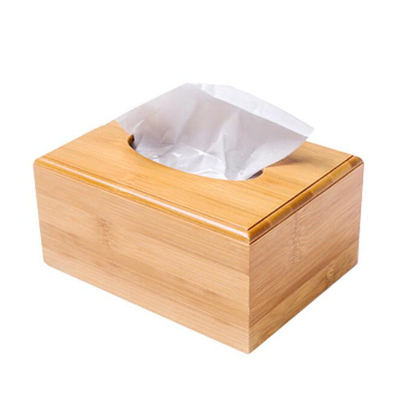 Square bamboo tissue box with white tissue partially pulled out