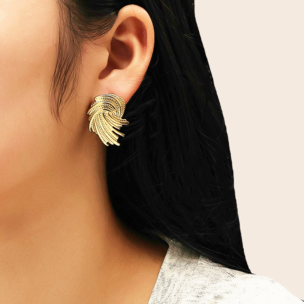 Model wearing Verdant Wings Stud Earrings – anti-tarnish textured gold jewelry