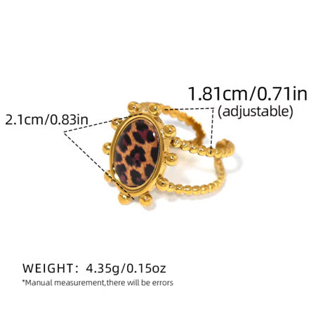 Gold ring with leopard print design and measurements on a white background