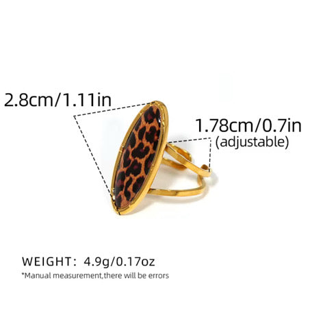 Gold ring with leopard print design and measurements on a white background
