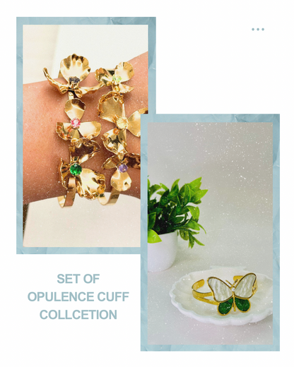 Opulence cuff bracelet with floral  and butterfly design in stainless steel, PVD gold plating, and colorful gemstone details
