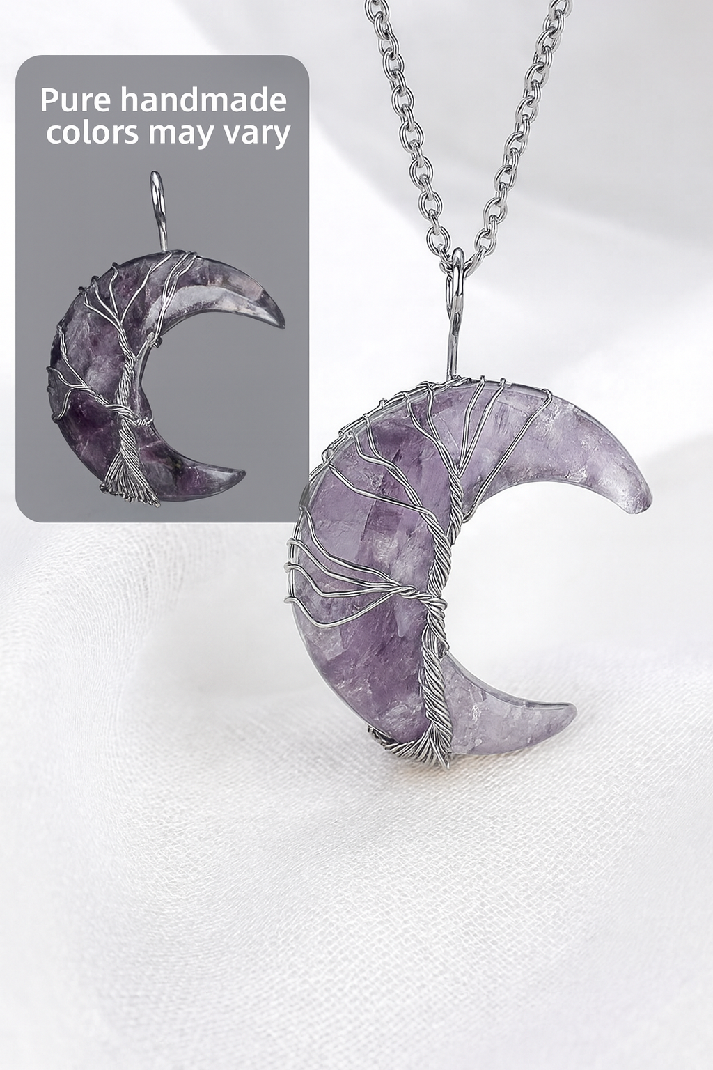 Purple moon-shaped pendant necklace on a white background