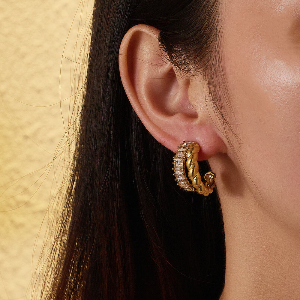 Model wearing Aurora Hoop Earrings – anti-tarnish classic gold jewelry
