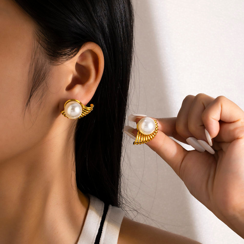 Model wearing Aurora Pearl Earrings – anti-tarnish elegant pearl jewelry