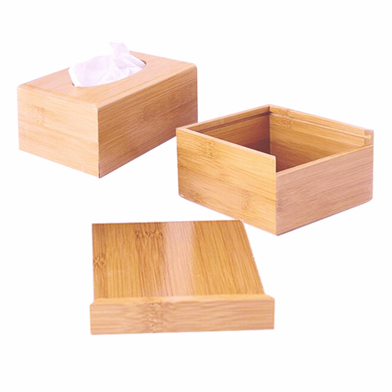 Square bamboo tissue box opened to show internal storage and lid