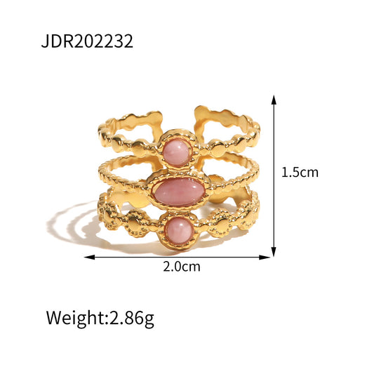 Blush Halo Ring in stainless steel with gold PVD plating, 1.2 cm height, 2 cm width, 2.86 g weight.