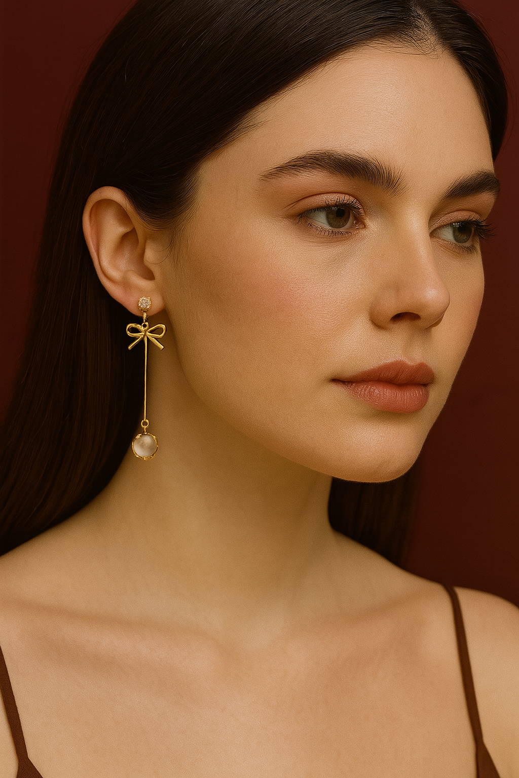 Close-up of a woman wearing a gold bow-shaped earring with a pearl on a red background