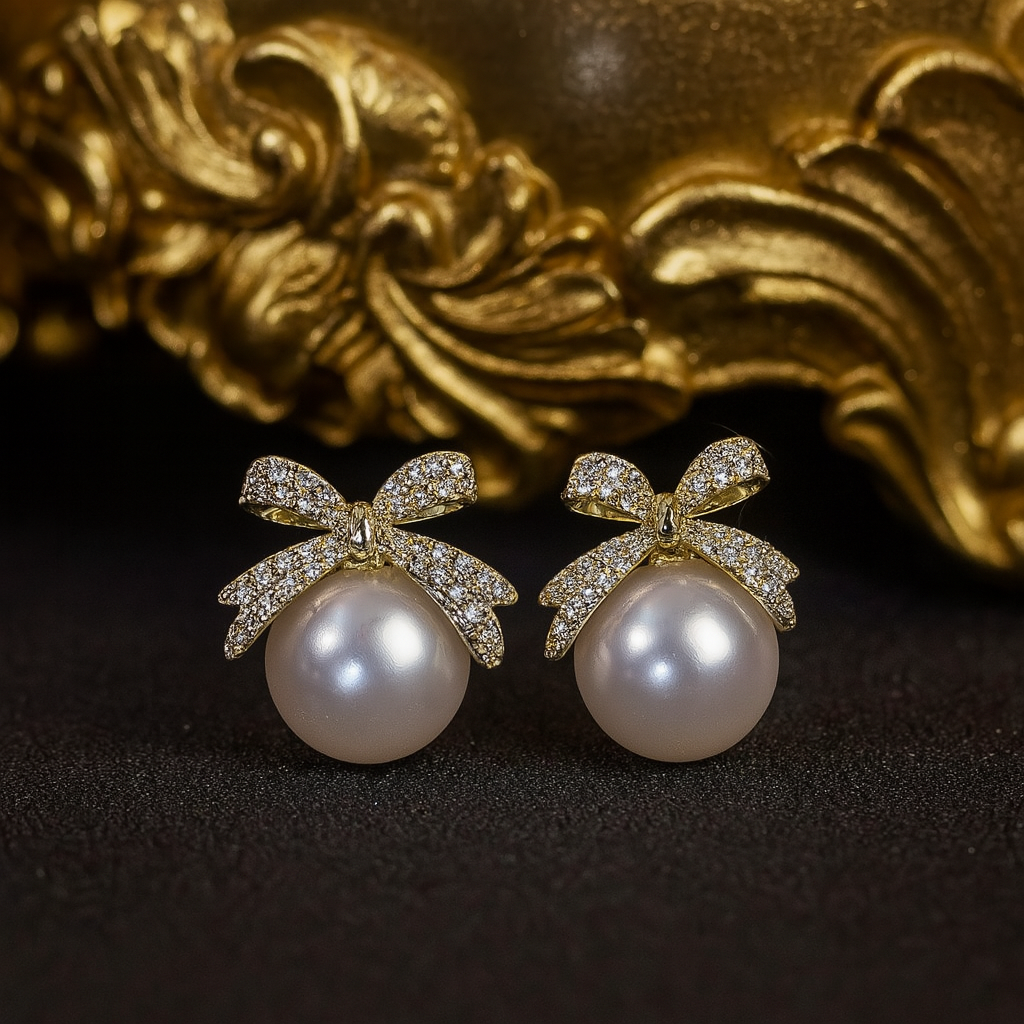 Pearl earrings with gold bow accents on a dark background