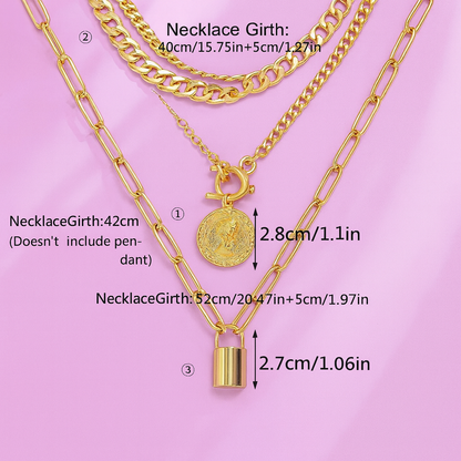 Gold necklaces with measurements on a pink background