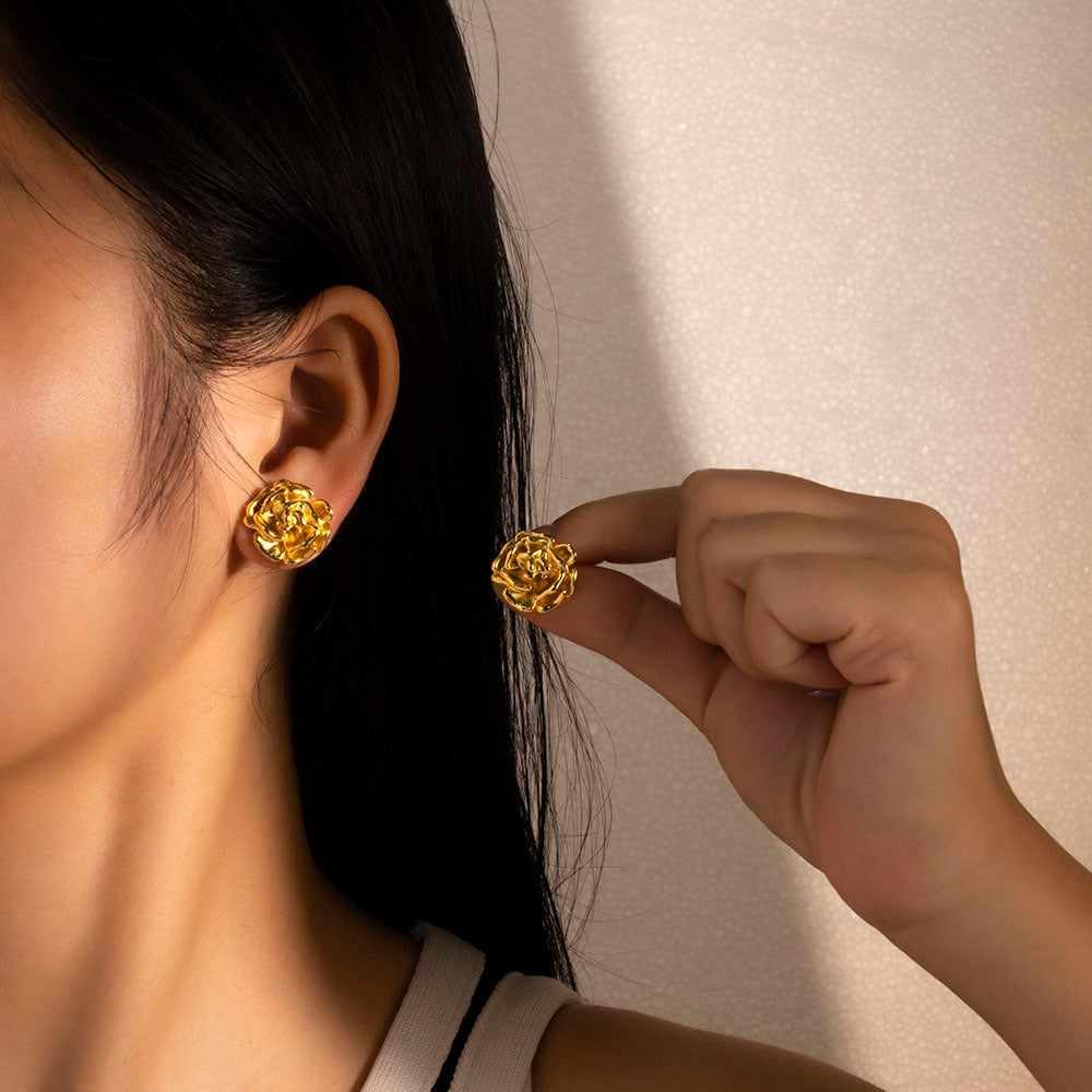 Model wearing Golden Bloom Crystal Stud Earrings – anti-tarnish elegant jewelry