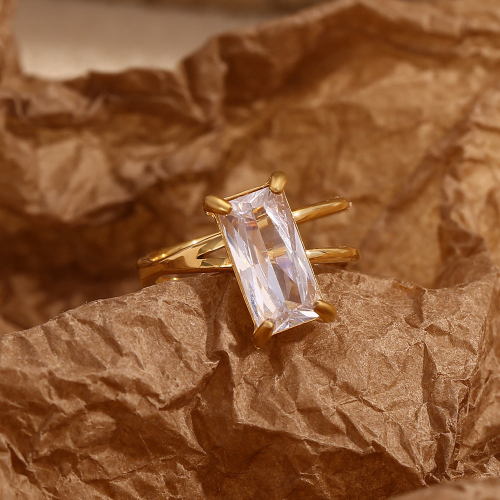 Luminara Ring with stainless steel base and gold PVD coating, elegant and tarnish resistant.