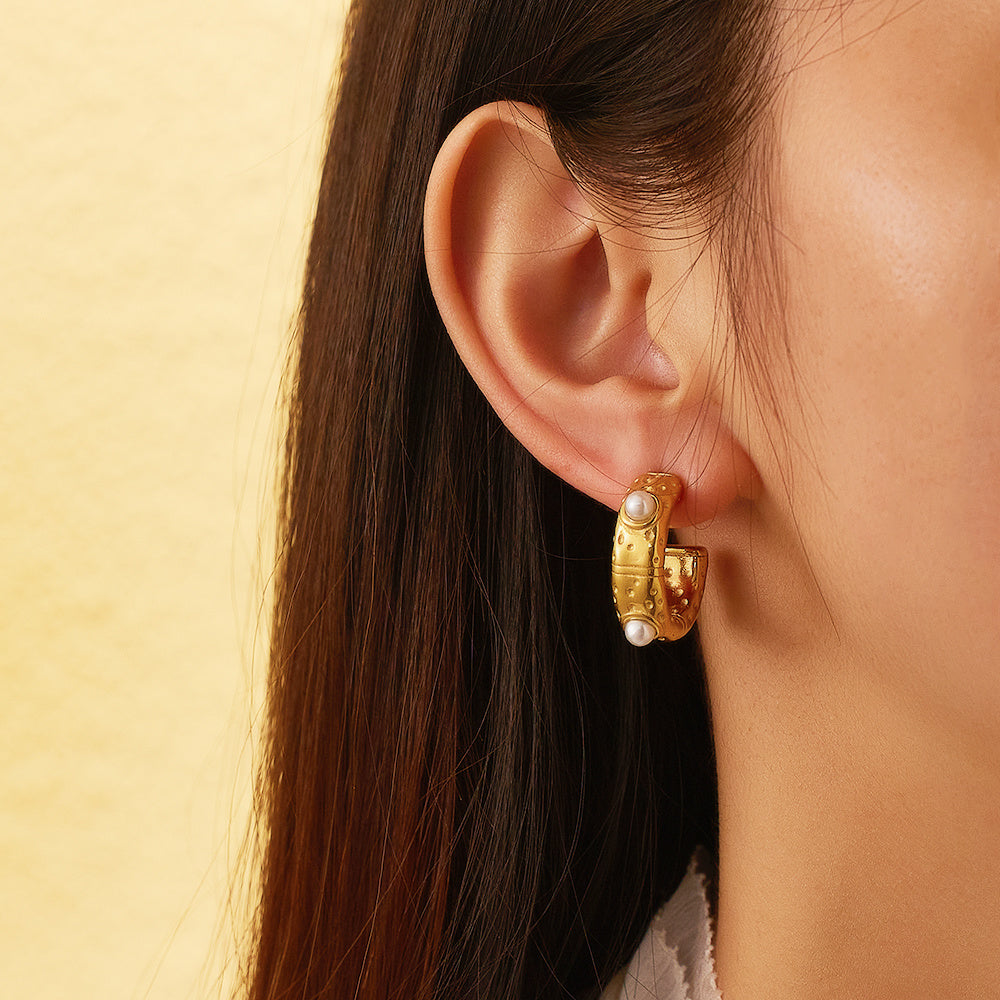 Model wearing Luna Hoop Earrings – anti-tarnish celestial-inspired jewelry