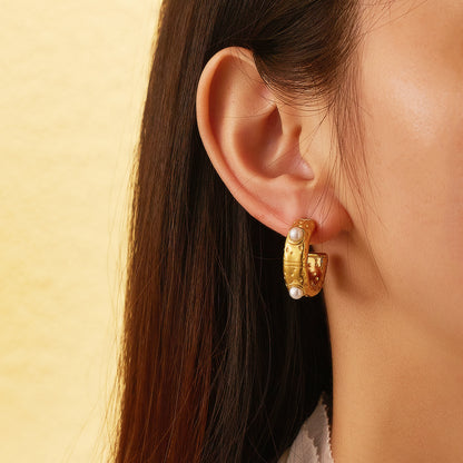 Model wearing Luna Hoop Earrings – anti-tarnish celestial-inspired jewelry