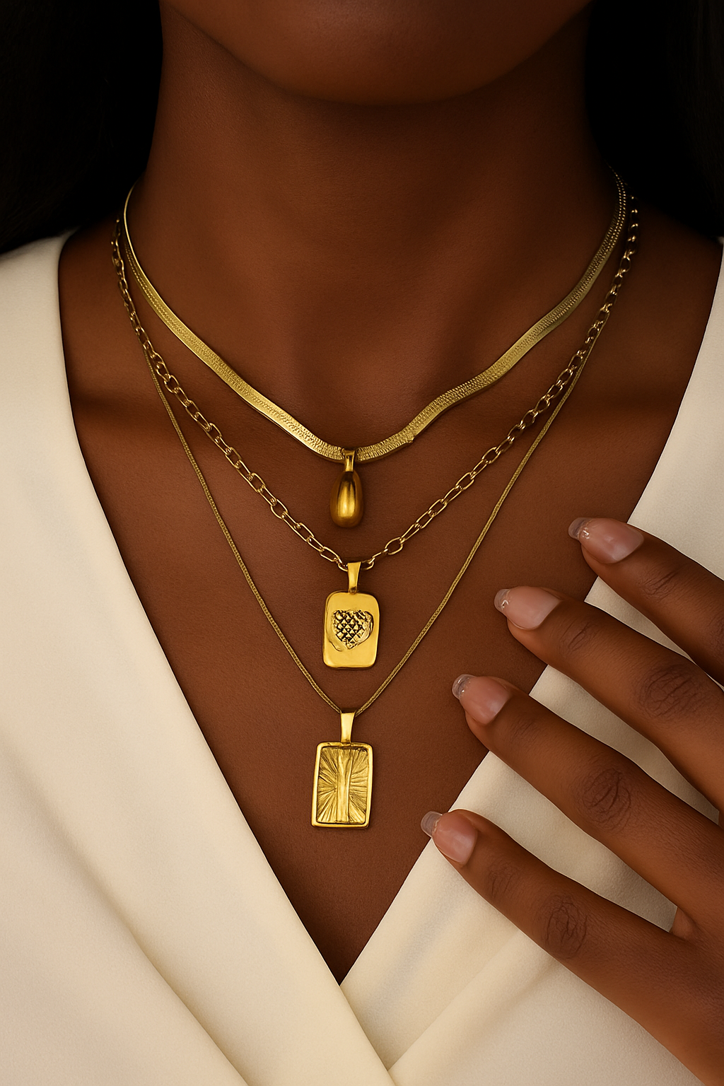 Gold necklaces with various pendants on a person wearing a white garment.