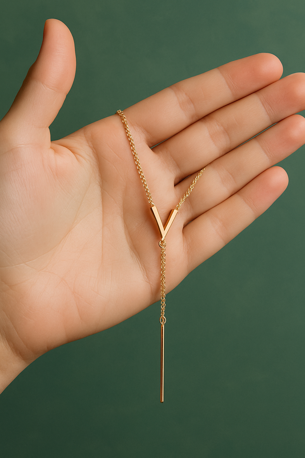 Gold necklace with a unique design held in a hand against a green background