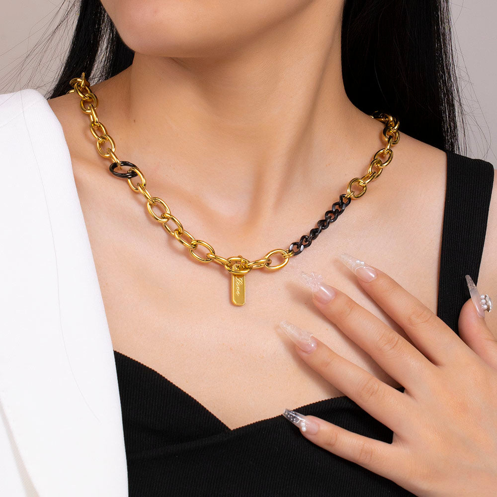 Model wearing Midnight Link Necklace with anti-tarnish finish, modern statement jewelry
