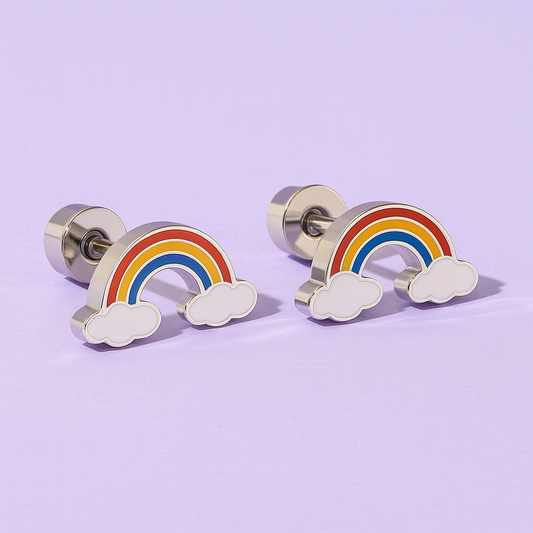 Rainbow and cloud earrings on a light purple background