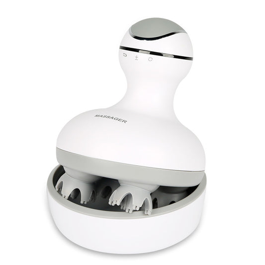 Hand holding rechargeable electric scalp massager with ergonomic design
