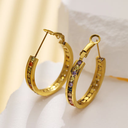 Spectrum Hoops – gold-plated stainless steel hoop earrings with multicolored crystals 1