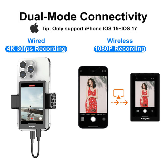 KINGMA vlog mirror showing wired 4K and wireless 1080p recording options for iPhone