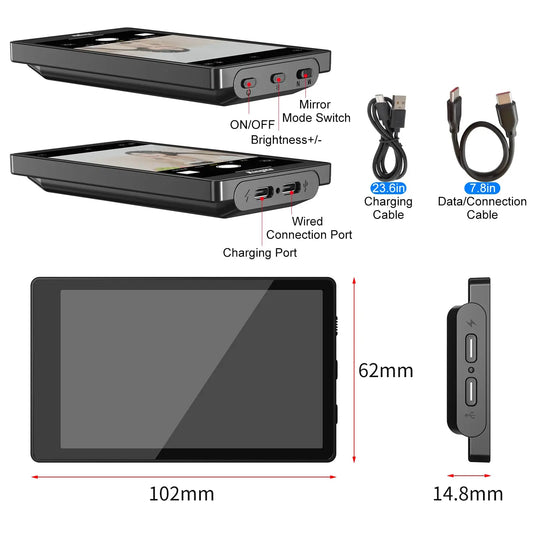 Size and ports of KINGMA selfie mirror monitor – USB-C and connection layout
