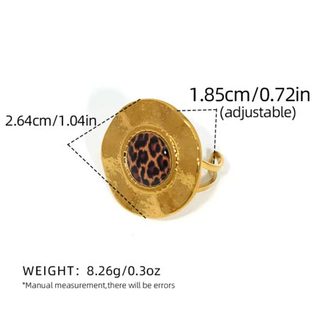 Gold ring with leopard print center and measurements on a white background